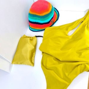 SALE Rainbow Crochet Bucket Hat with Leather Head Logo Patch